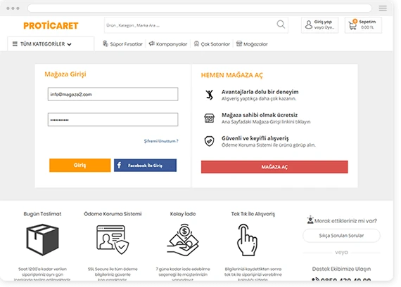 Proticaret C2C Pazaryeri Mağaza Giriş ve Satıcı Kayıt Ekranı